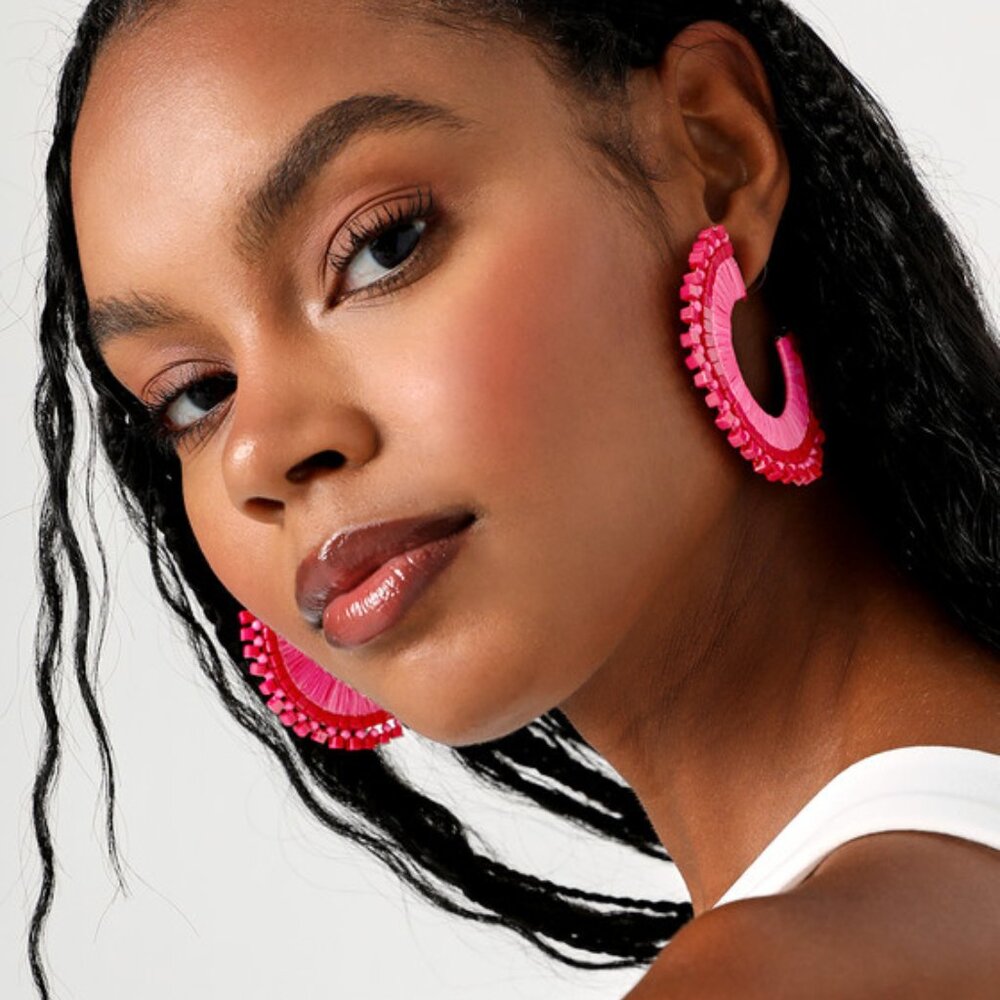 Lulus Tropical Times Pink Oversized Beaded Hoop Earrings